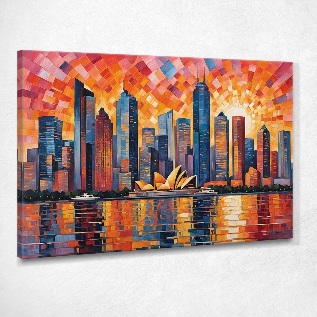 Modern Painting Abstract City Abstract Cityscape At Sunset With Sydney Opera House , ct18 ภาพพิมพ์บน