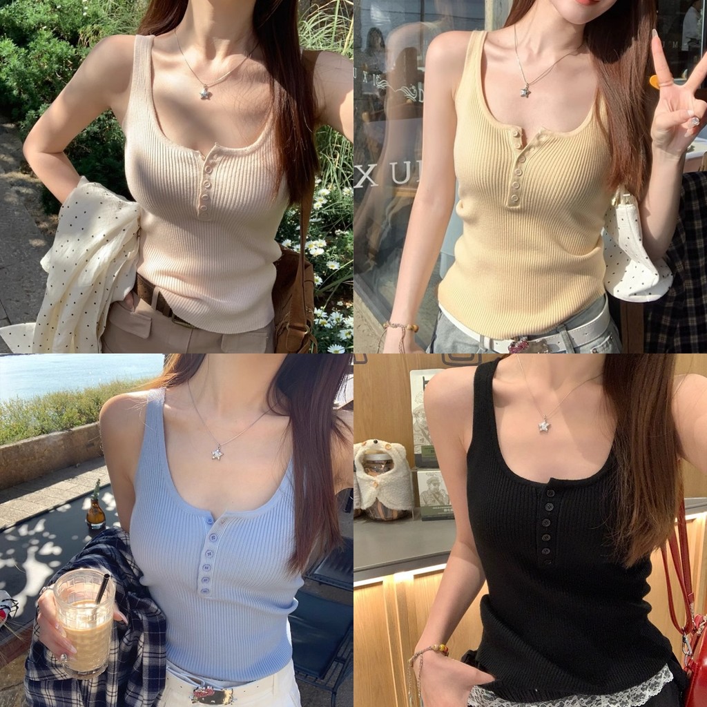 ✨Soroh✨เสื้อกล้าม ไหมพรม ปุ่มด้านหน้า ผ้าร่อง สีพาสเทล🌠เสื้อแขนกุด สไตล์ลำลอง แฟชั่น ใส่สบาย🌟#M0360