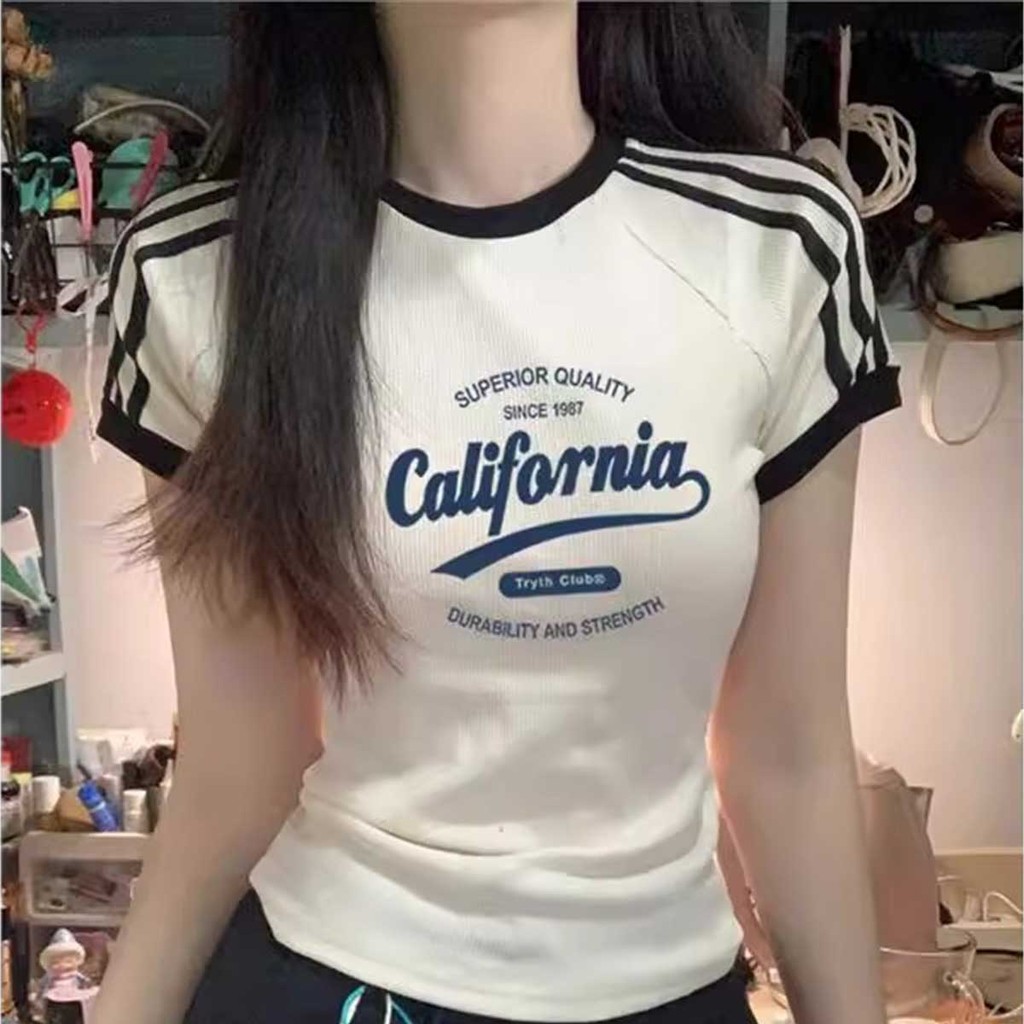 เสื้อยืดลายขวางแฟชั่นผู้หญิง ฤดูร้อน แบบสั้น ผ้านุ่ม
 - รูปที่ 5