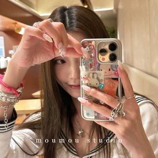 Huiwanju เปลือกไฟฟ้ากระจกกระต่ายเหมาะสําหรับ iPhone16promax เคสโทรศัพท์มือถือ 15pro เคสป้องกัน 1413 สาวเรียบง่าย 11