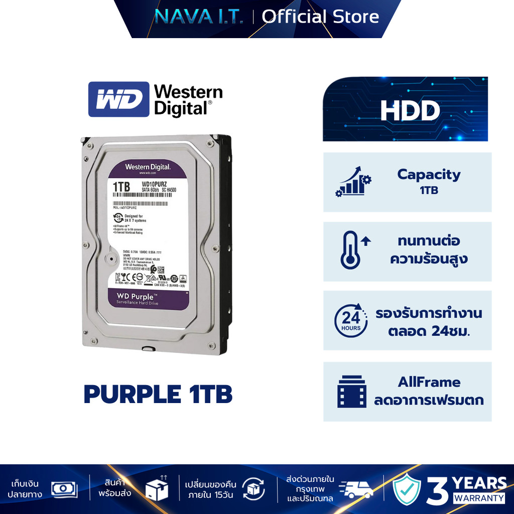 WD HDD WD PURPLE 1TB (ฮาร์ดดิสก์) (WD11PURZ)