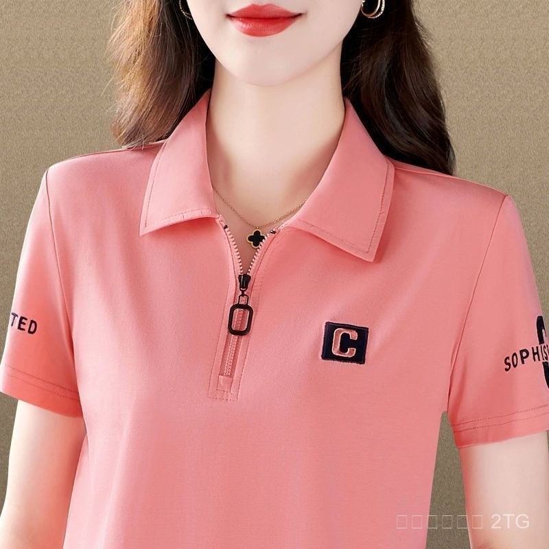 คุณภาพ 100% เสื้อยืดแขนสั้นคอปกพับสำหรับผู้หญิง เสื้อโปโลกีฬาแบบสบายๆ ซิปด้านบน ขนาดใหญ่ IGHJ