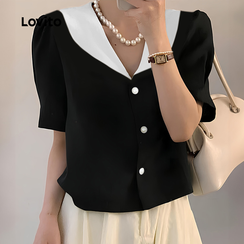 Lovito เสื้อเบลาส์เย็บผ้าด้านหน้ากระดุมธรรมดาแบบลําลองสําหรับผู้หญิง L131LD1204 ราคา ถูกที่สุด ดีลบีเคเค แกลเลอรีภาพที่ 3