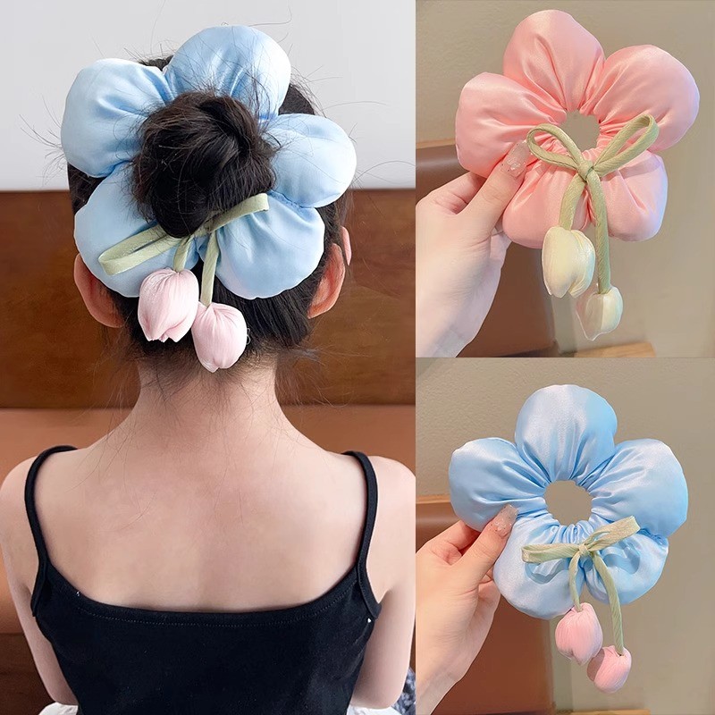 ทิวลิปดอกไม้รูปร่างเชือกผม Scrunchies หางม้าผูกผม Headwear เครื่องประดับผมสําหรับเด็กเด็ก