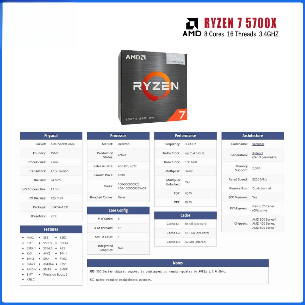 AMD Ryzen 7 5700X 5700X3D 3.4GHz 8-Core 16 ด้าย 65W ซ็อกเก็ต AM4 CPU โปรเซสเซอร์ถาดประเภท