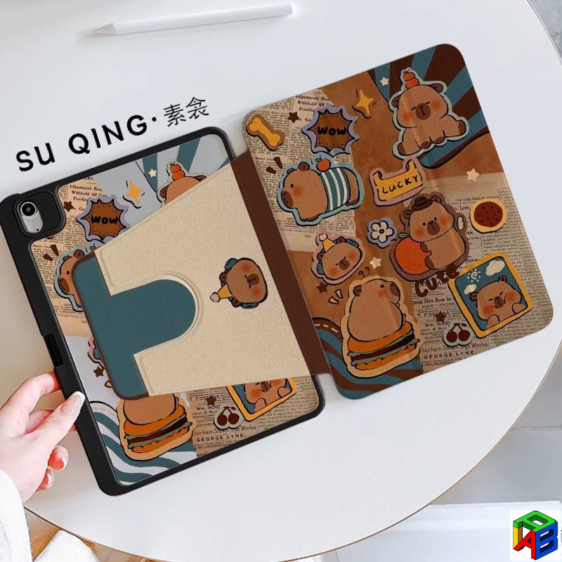 เคส iPad หมุนได้ 360 องศาสําหรับ 2025 11th 2024 Pro11 air6/5/4 10.9 10.5 10th 2022 gen7gen8gen9 10.2 นิ้ว Mini6/7 Pro 12.9/Air 13 น่ารัก Kapibala ฝาครอบป้องกันพร้อมช่องเสียบปากกา