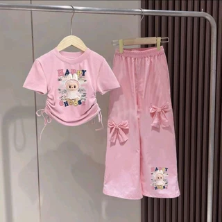 NEWชุดเซ็ทเด็กผู้หญิงน่ารัก เสื้อผูกโบว์ข้าง+กางเกงแต่งโบว์ รุ่น4108