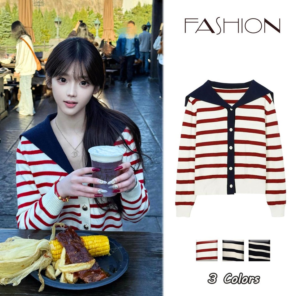 KOKO#คอปกสีกรมท่า คริสต์มาส เสื้อคาร์ดิแกนถักลายทางสีแดงของผู้หญิง เสื้อแจ็คเก็ตแขนยาวคอวี#B309