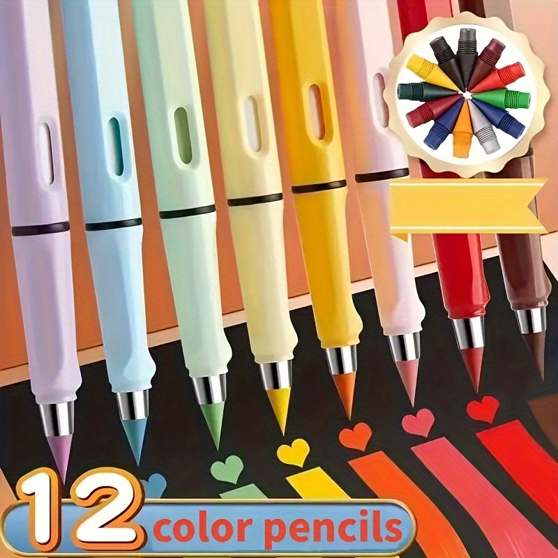 12 ชิ้น Erasable Color Pencil Infinite Pencil พร้อมยางลบ Eternal Color Pencil Drawing Writing Instrument Pen