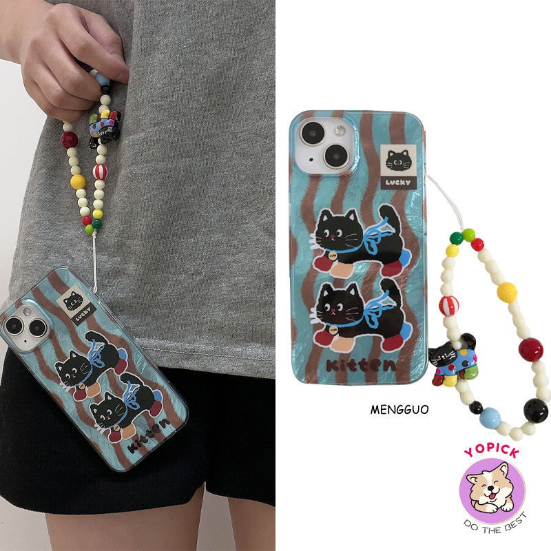 แมวดําสําหรับiphone 16promax 16proเคสโทรศัพท์16 16plus xsmax xr 15promax 15plus 15 11 12 13 14 13pm 14maxสาวใหม่Matte minimalist Creativeรูปแบบธารน้ําแข็งสร้อยข้อมือสําหรับผู้หญิงBC