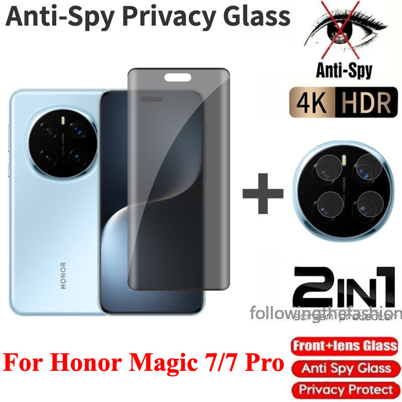 คลุมทั้งหมดหน้าจอโค้งส่วนตัวกระจกนิรภัยสําหรับ Honor Magic 7 Pro 5G Magic7 7Pro 2024 Protector Anti Peek ความเป็นส่วนตัวป้องกันหน้าจอด้านหน้ากลับกล้องเลนส์ป้องกันฟิล์ม