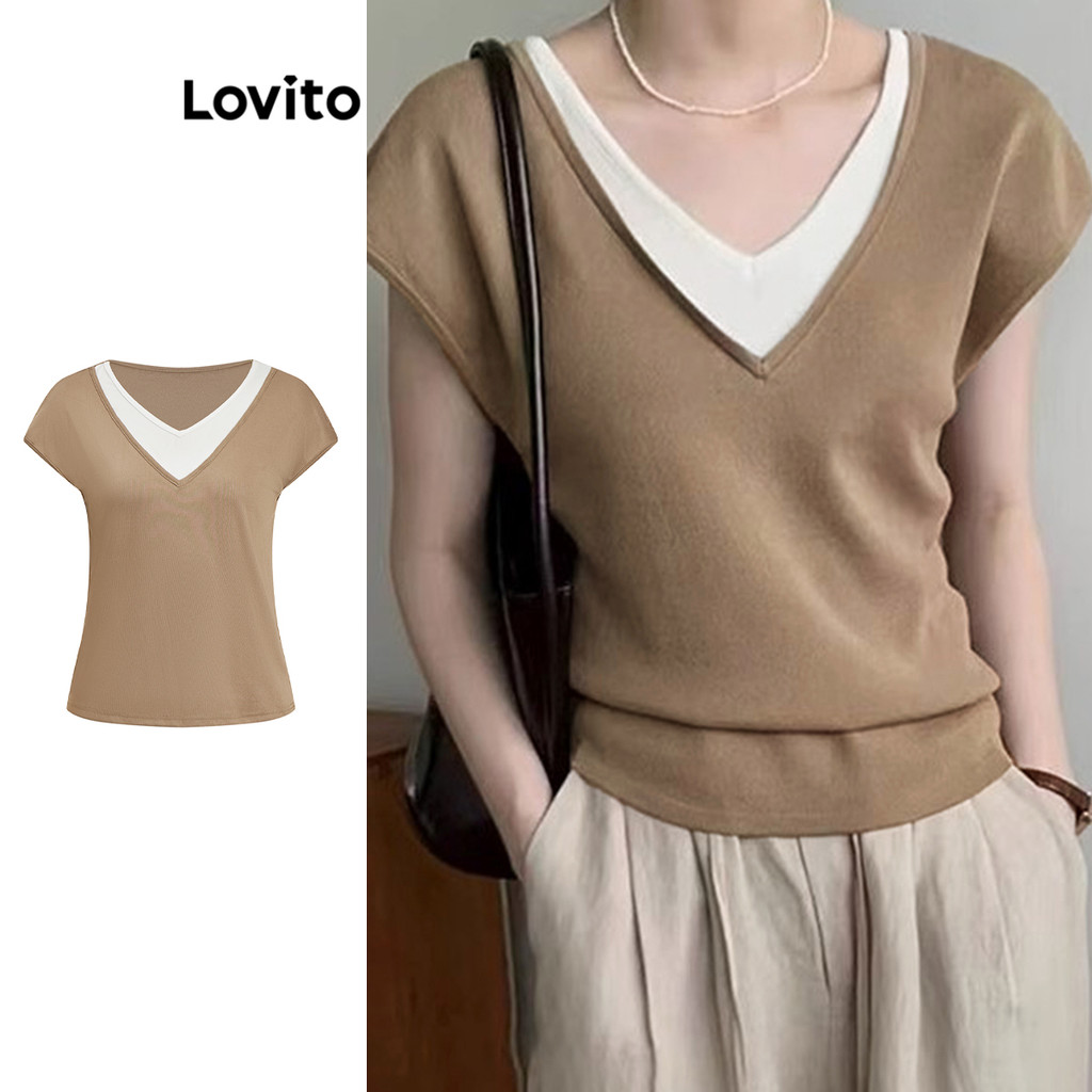Lovito เสื้อยืด 2-in-1 ลำลองสำหรับผู้หญิง L108ED050