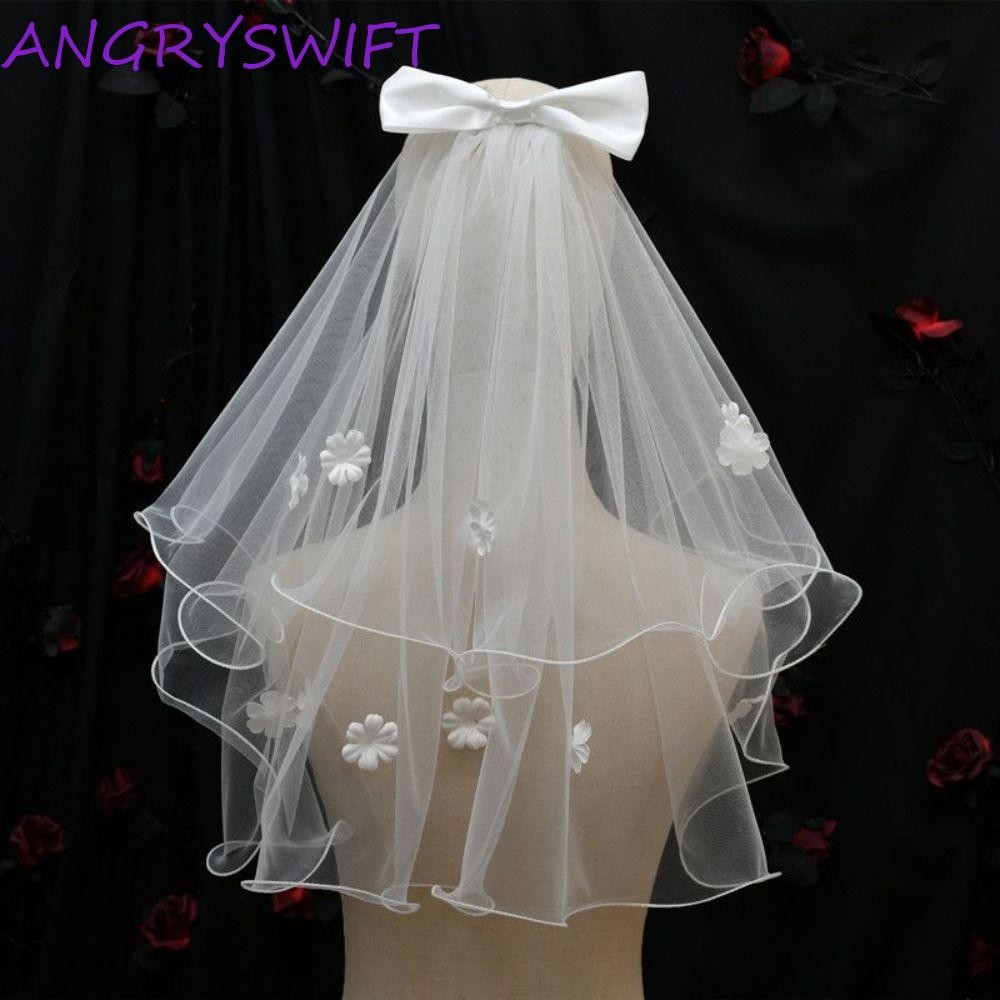 ผ้าคลุมหน้า ANGRYSWIFT Marry, ผ้าคลุมหน้าเจ้าสาวดอกไม้มุก, สาวผ้ากอซเจ้าสาวโบว์สองชั้นหวาน