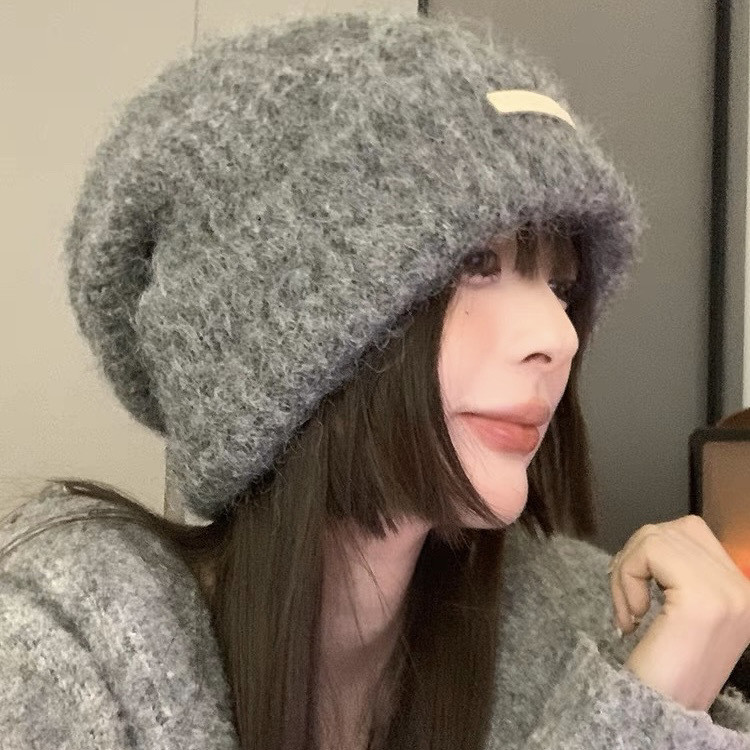 Hat Beanie Hat Ear Protection Casual Woolen Yarn Couple Warm Big Head Circumference Knitted Hat Containing Wool Pile Heap Cap Autumn and Winter Wild TNZJ