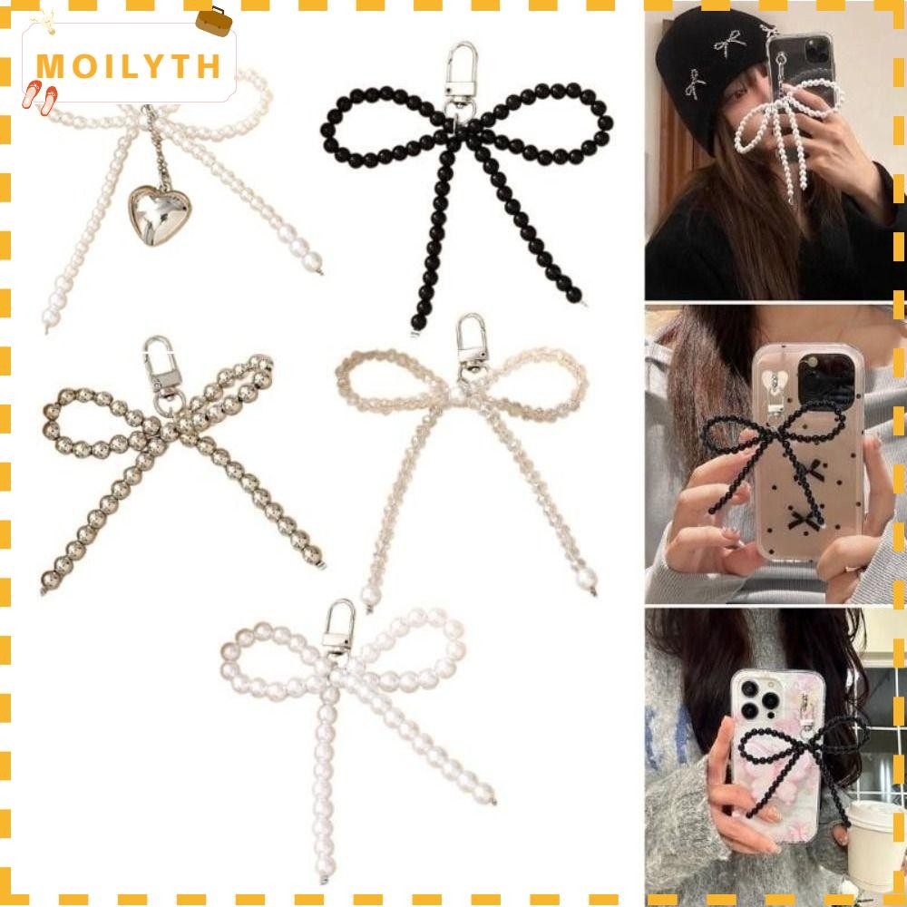 Moilyth Pearl Bowknot พวงกุญแจ, แขวนเครื่องประดับ Pearl Bow จี้, แฟชั่น Love Heart โทรศัพท์มือถือ Lanyard พวงกุญแจผู้หญิง