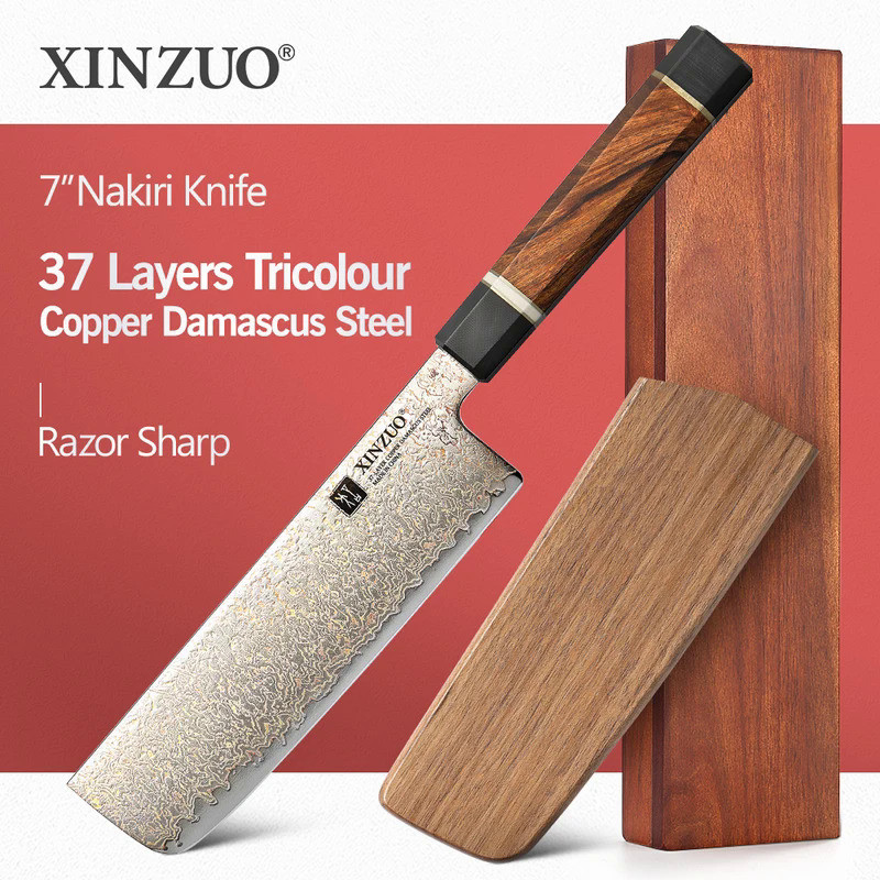 XINZUO 7'' Inch Cooking Kitchen Knives for Cooking Tools High Quality Copper Damascus Steel 60±2HRC 