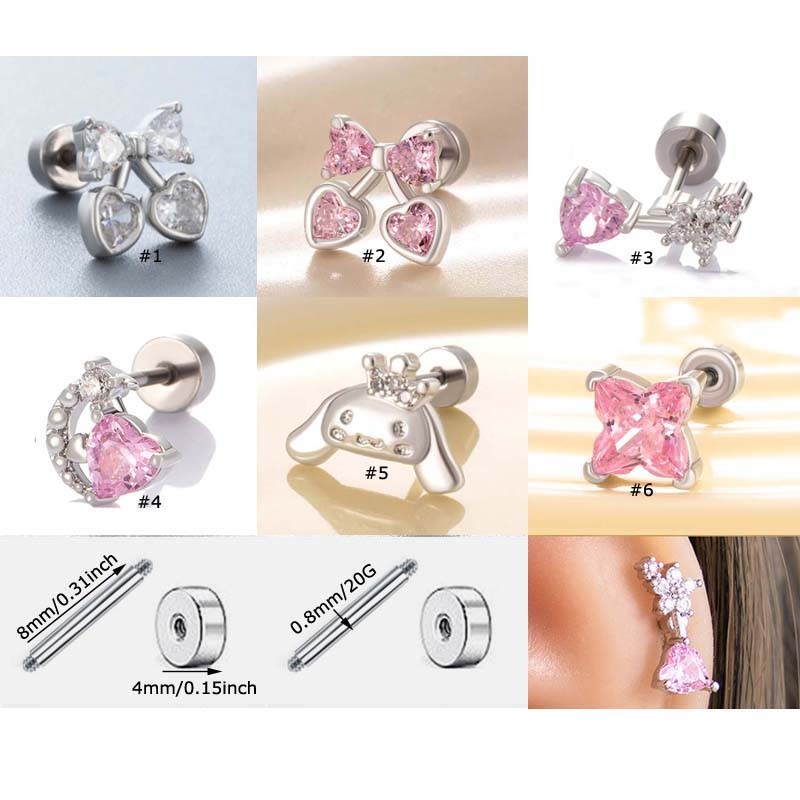 1 ชิ้น Cherry Heart Dog Shape กระดูกอ่อนต่างหูสตั๊ดสแตนเลส Zirconia ต่างหู Helix Pinna Lobe เจาะ 20Gauge