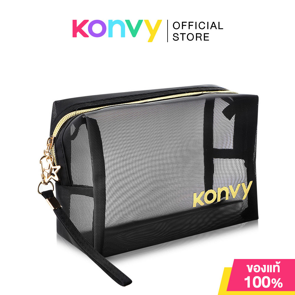 Konvy Mesh Square Octagon Bag คอนวี่ กระเป๋าเครื่องสำอางแบบตาข่ายโปร่งใส ทรงสี่เหลี่ยม สีดำ.