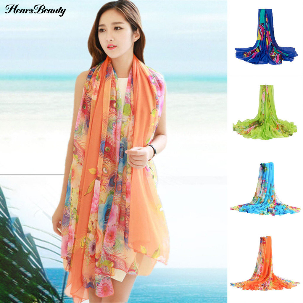 Hew-ชีฟองผ้าพันคอผ้ากอซvibrantสีพิมพ์sun Protection Shawlขนาดใหญ่ชายหาดผ้าเช็ดตัวชุดว่ายน้ํา