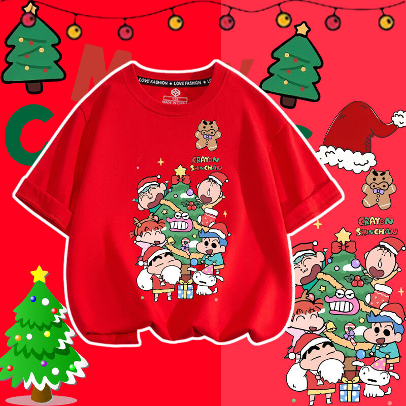 (จัดส่งตลอด 24 ชั่วโมง)KIDS PRINCESS Cute Crayon Shin Chan Merry Christmas เสื้อยืดเด็ก คอตตอน เด็กผู้หญิง แขนสั้น D8