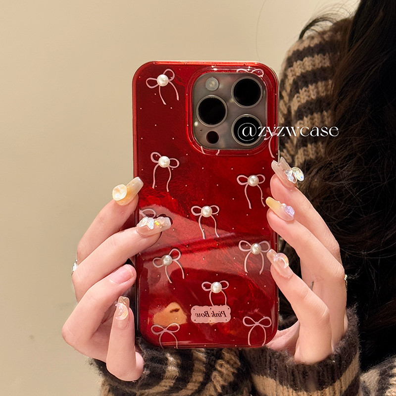 ปีใหม่สีแดงหวาน 3D Pearl Bowknot เคสโทรศัพท์สําหรับ iPhone 16 Pro Max 13 14 15 Promax สองชั้นกันกระแทก IMD Girly ฝาครอบมือถือปลอก