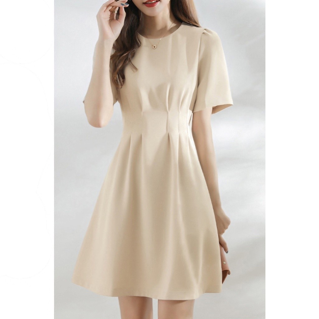 [S-5XL] EVIOVIO ชุดเดรสผู้หญิง แต่งจีบ สีพื้น สไตล์ลำลอง แฟชั่นชุดเดรสไซส์ใหญ่ สีพื้น เดรสสั้นเข้ารูป แขนพอง