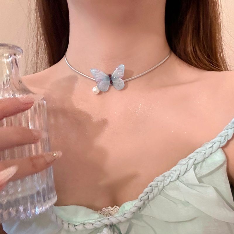 Symphony Blue Butterfly Pearl สร้อยคอผู้หญิงหรูหรา Niche High-End จี้สร้อยคอ choker Clavicle Chain #