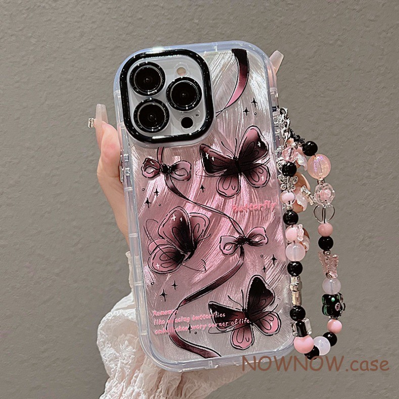 สําหรับiphone 16 15 14 13 12 11 Pro Max X XR XS Max 7 8 Plus Dark Coolสีดําสีชมพูผีเสื้อสร้อยข้อมือโทรศัพท์กรณีนุ่ม