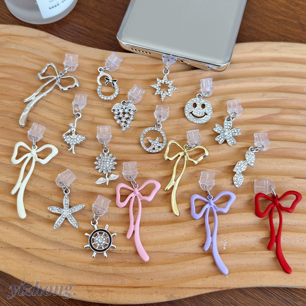 ปลั๊กกันฝุ่นสําหรับ iPhone หูฟังโทรศัพท์มือถือ Type-C Android หรูหรา Rhinestone ดอกไม้ Leave Bowknot ออกแบบจี้อุปกรณ์เสริมชาร์จหลุมตกแต่ง