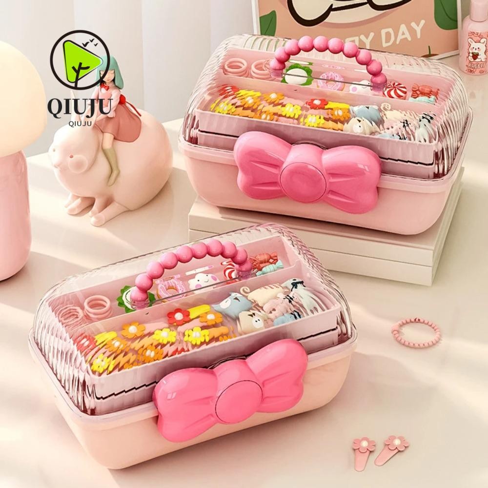 กล่อง QIUJU Jewellery, กล่องเก็บกิ๊บติดผม pp Bowknot, กล่องเก็บของเล่นหลายชั้นกันน้ําน่ารักเด็กผู้หญิง