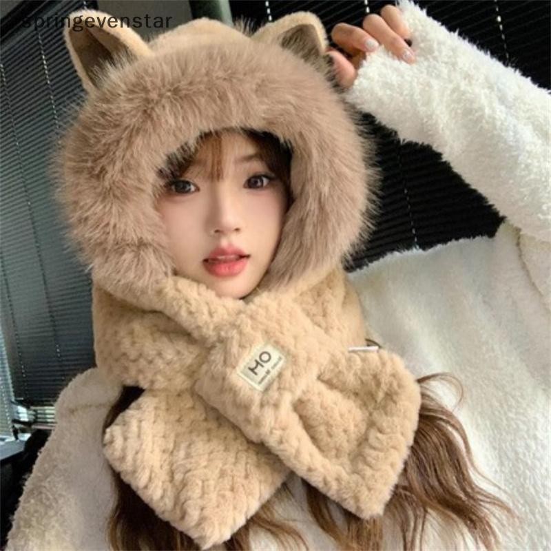 Springevenstar ฤดูหนาว Windproof Integrated หมวกผ้าพันคอ Plush หนาป้องกันหูหมวกลําลองนุ่มหมวกหมวกผ้าพันคอผู้หญิง Springevenstar