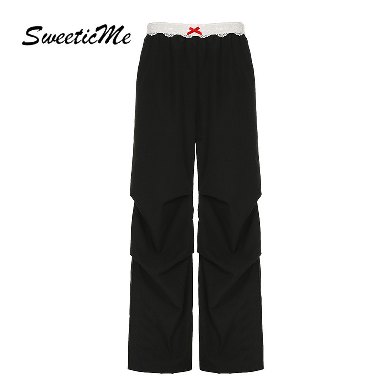 Sweeticme ผู้หญิง 2025 ใหม่แฟชั่นขอบลูกไม้ Slim Fit เอวสูงทรงหลวมตรงกางเกงลําลอง