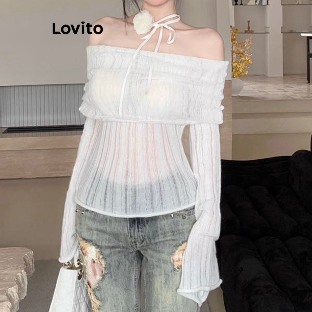 Lovito เสื้อสเวตเตอร์โบว์ธรรมดาสำหรับผู้หญิง LNA83205