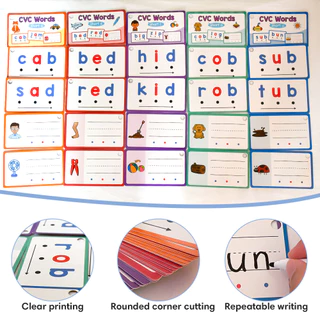 60 ชิ้นแห้งลบ CVC Words Flashcards 50 คําเด็ก Phonics การเรียนรู้การ์ดสั้น Vowels ก่อนวัยเรียนเด็กวัยหัดเดินคําศัพท์ภาษาอังกฤษอาคารการศึกษาการสอน Aids
