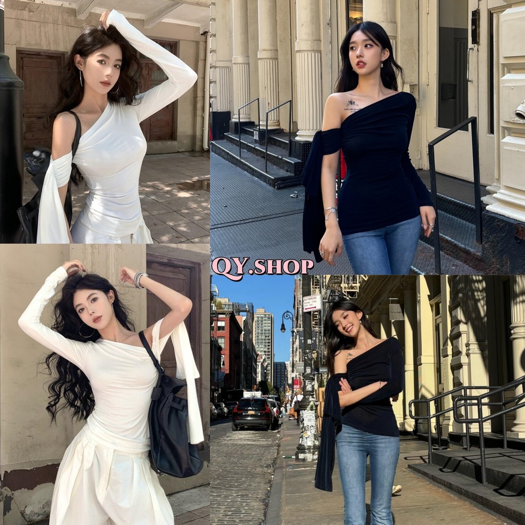 QY.Shop⭐️สินค้าราคาพิเศษ⭐️เสื้อแขนยาว ดีเทลแต่งเปิดไหล่สีพื้นขาวดำ ยืดใส่สบายมาก ผ้าทิ้งตัว "FY2753"
