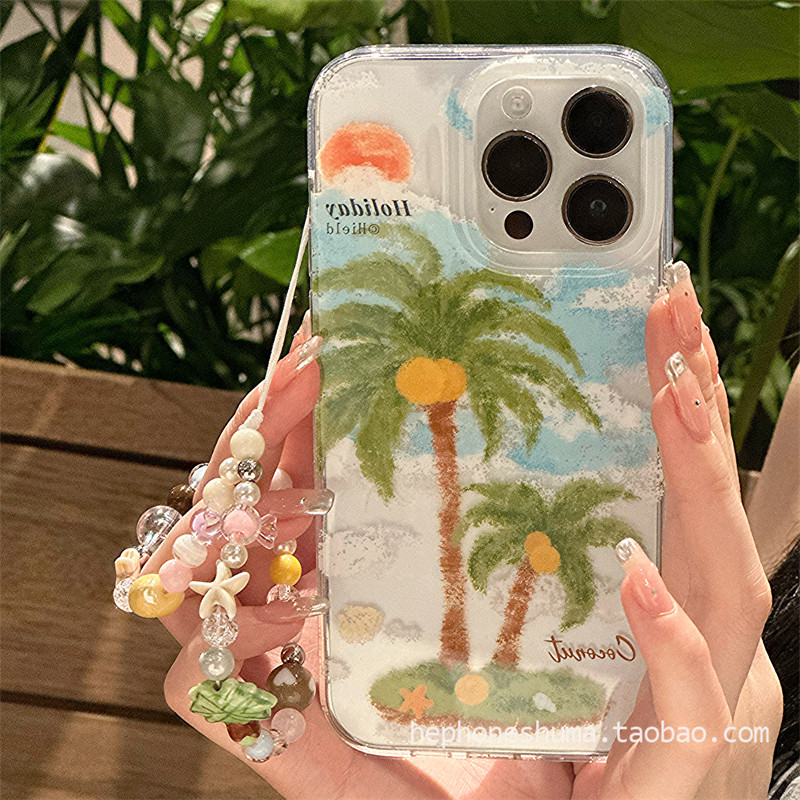 Huiwanju ภาพวาดสีน้ํามันต้นมะพร้าวเหมาะสําหรับ iphone16proMax เคสโทรศัพท์มือถือ Apple 15pro 14promax 12 สองชั้น 15/14plus การ์ตูน 11 เคสป้องกัน