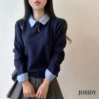 Fake Two Piece Long Sleeved Knitwear Women Slouchy Style Shirt Patchwork Polo Collar Knitwear JD