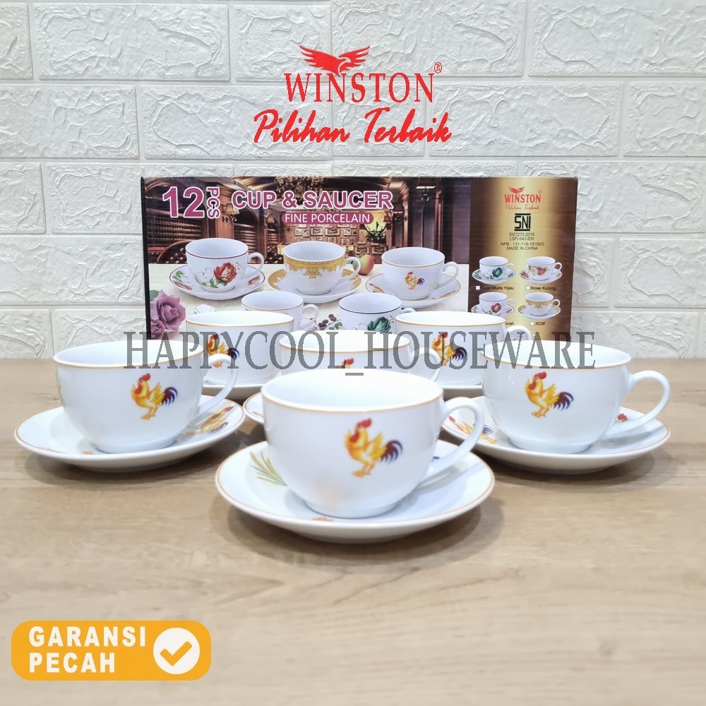 WINSTON 12 ชิ้นเซรามิค Coaster ชุดถ้วย AYAM PADI ถ้วย Handle Tatchak 6 คู่ชุด