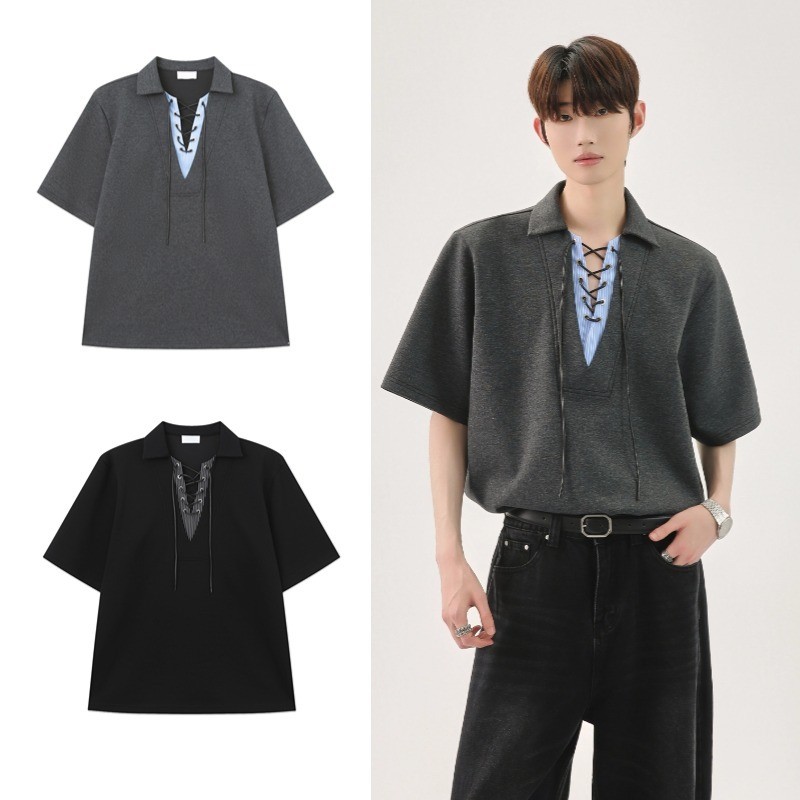 ASRV เสื้อโปโลลําลองเย็บแบบผูกเชือกสไตล์เกาหลี