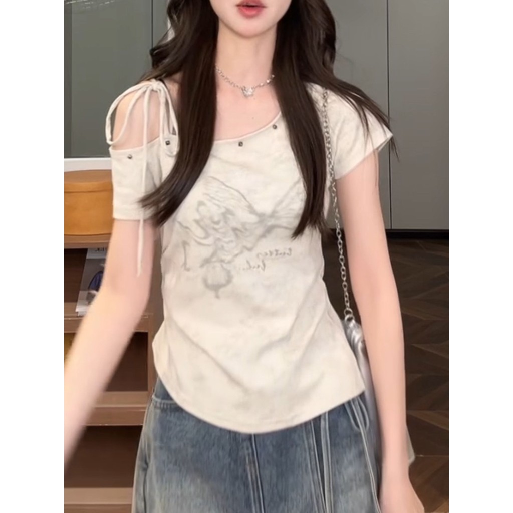 ‌ผู้หญิงสไตล์เกาหลีวินเทจเซ็กซี่ปิดไหล่สีแอปริคอทพิมพ์เสื้อยืดแขนสั้นฤดูร้อน