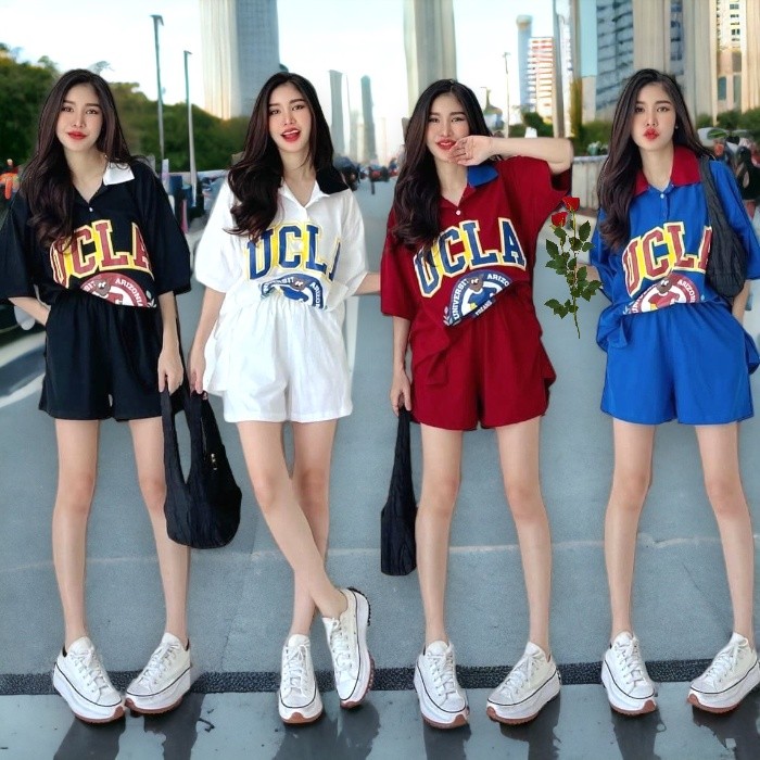 (k24)ชุดเซต2ชิ้น เสื้อ+กางเกง ผ้าวาฟเฟิล แต่งสีคอปกเสื้อ ปักลายCLA พร้อมส่งจากไทย