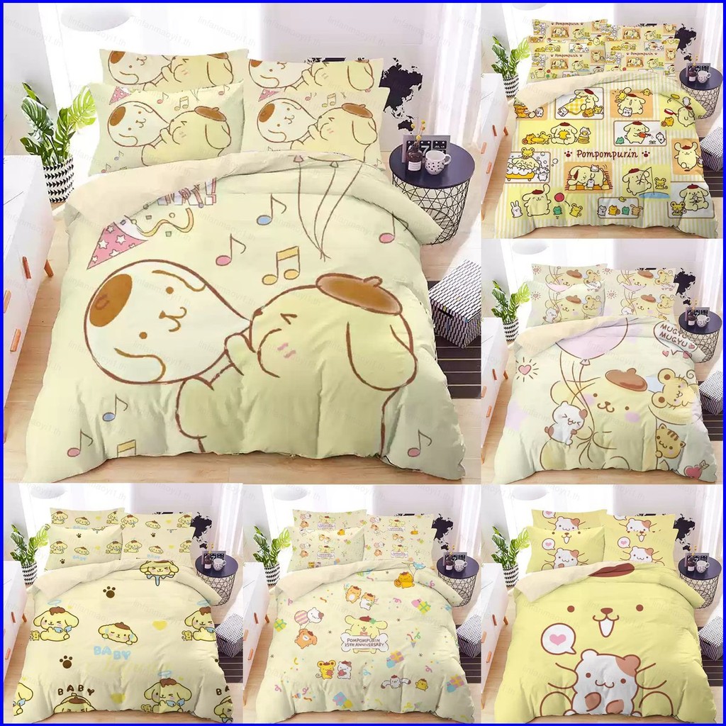 Nana Sanrio Pompompurin 3IN1 ผ้าปูที่นอนผ้านวมปลอกหมอนคุณภาพระดับพรีเมียมชุดเครื่องนอนบ้านห้องนอนชุดซักได้