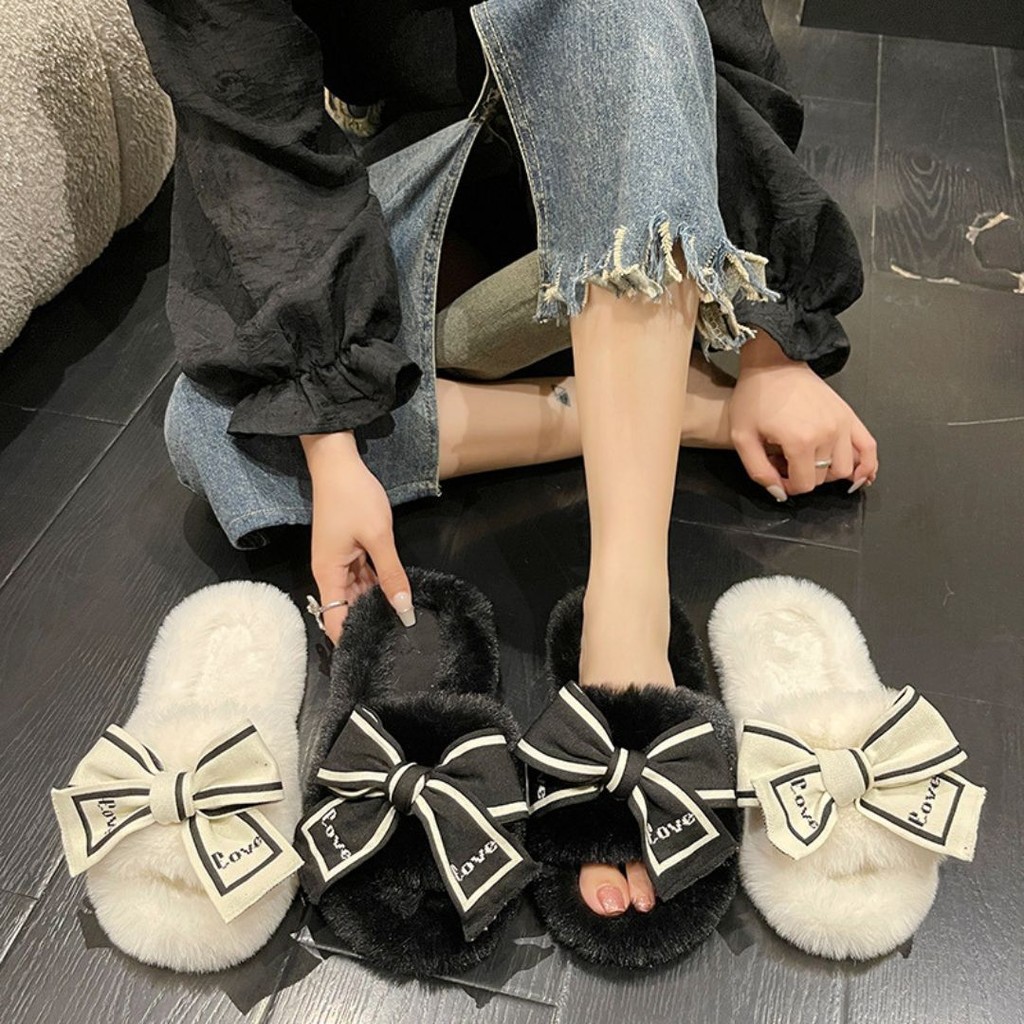 รองเท้าแตะขนปุยโบว์ แฟชั่นน่ารัก รองเท้าแตะเกาหลีใหม่ ขนหนานุ่ม สวมใส่สบาย ระบายอากาศได้ดี