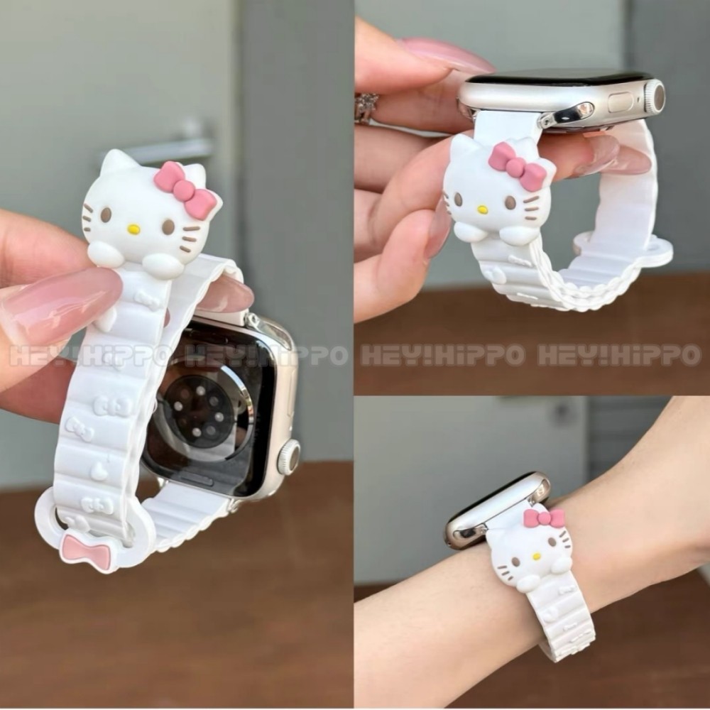 สายแมวการ์ตูนน่ารักเหมาะสําหรับนาฬิกาซีรีส์ 10/9/8/7/6/5/SE/4/3/2/1 สายรัดแม่เหล็กซิลิโคนเหมาะสําหรับ iwatch 49/46/45/44/42/41/40/43mm