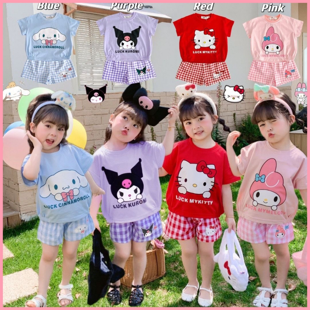 ชุดเด็กผู้หญิง แขนสั้น กางเกงขาสั้นลายสก๊อต เสื้อยืดหลวมน่ารัก ลาย Hello Kitty Kuromi Merlotti Yugui Dog