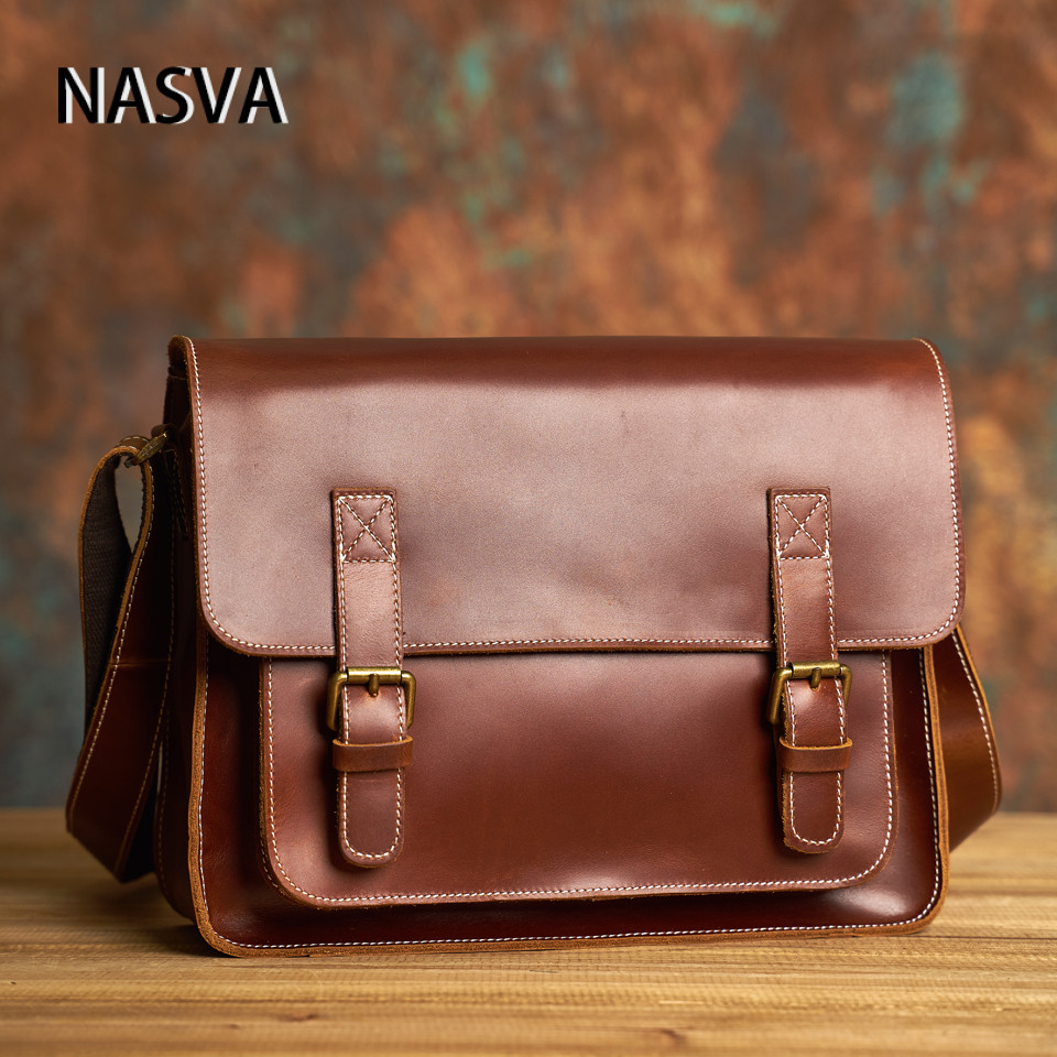 NASVA กระเป๋าสะพายผู้ชายหนังแท้ Retro Messenger Bag Classic Messenger Bag เหมาะสําหรับ 12.9 IPad