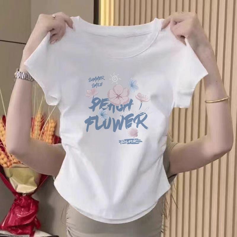 มีหลายไซส์ให้เลือกเสื้อยืดผู้หญิงเสื้อครอปมีรอยยับด้านข้างสาวฮอตสาวสไตล์เกาหลีเสื้อยืดสวยเสื้อยืดรัดรูป