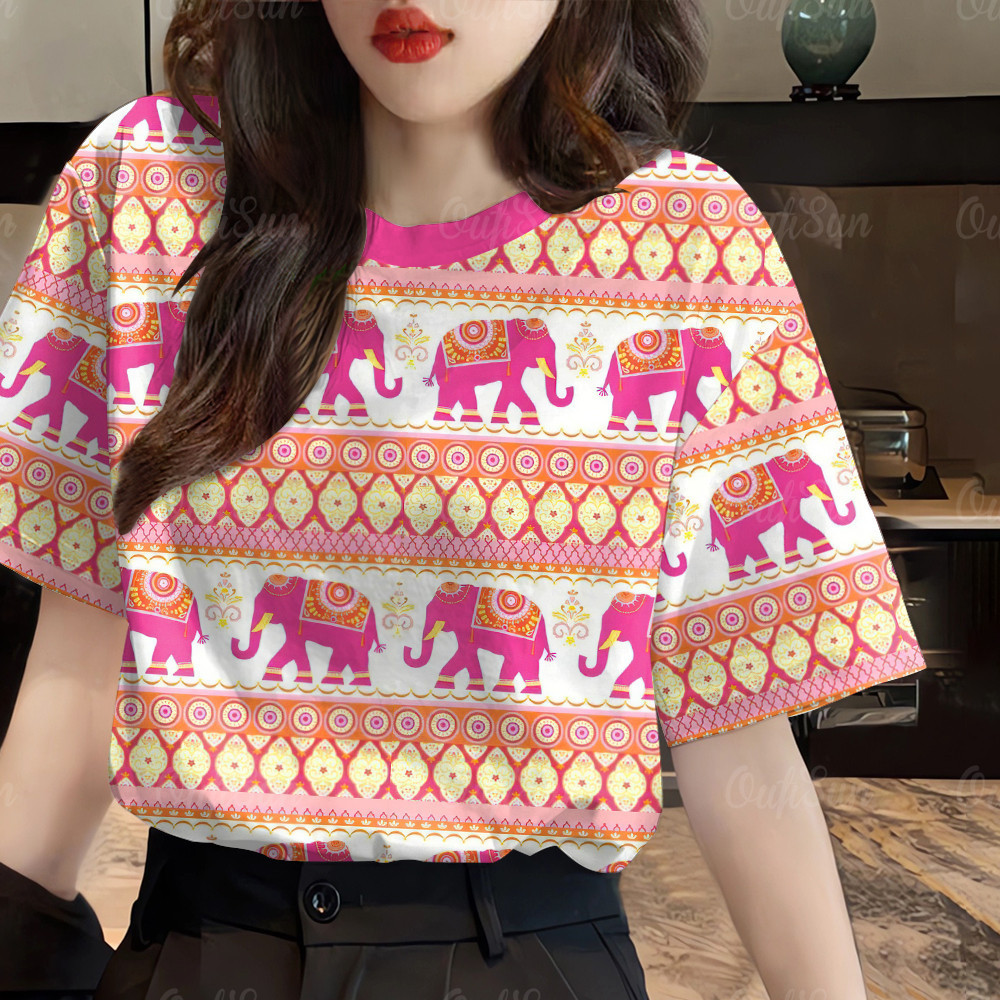 ชุดเสื้อเชิ้ตลายช้างแฟชั่นผู้หญิงไทย เสื้อยืดแขนสั้นขนาดใหญ่ เสื้อผ้าผู้หญิงไทย ผ้าคุณภาพสูง 100% ระบายอากาศได้ แห้งเร็ว เสื้อเชิ้ตสำหรับกลางแจ้ง