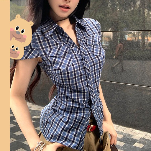 🎀bearbra🎀พร้อมส่ง เสื้อเชิ้ตผู้หญิง คอปกโปโล ไซส์S-XLน่ารัก น่ารัก สไตล์เกาหลี สําหรับผู้หญิง เสื้อเชิ้ตแขนสั้นลายตารางสีน้ําเงินสําหรับผู้หญิง