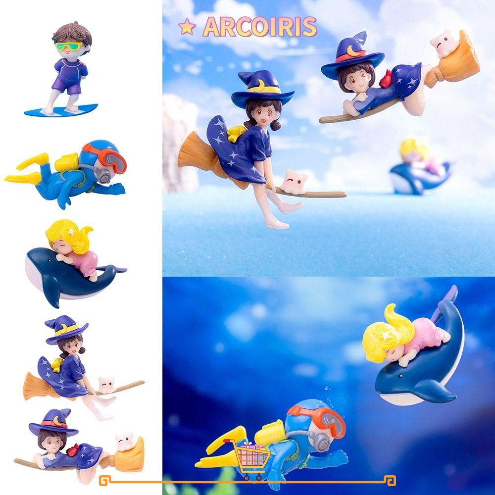 การตกแต่งตู้ปลา ARCOIRIS, Resin Diver Surfing Youth Aquarium เครื่องประดับ, อุปกรณ์เสริมหลากสีการ์ตูนแม่มดไมโครหุ่น